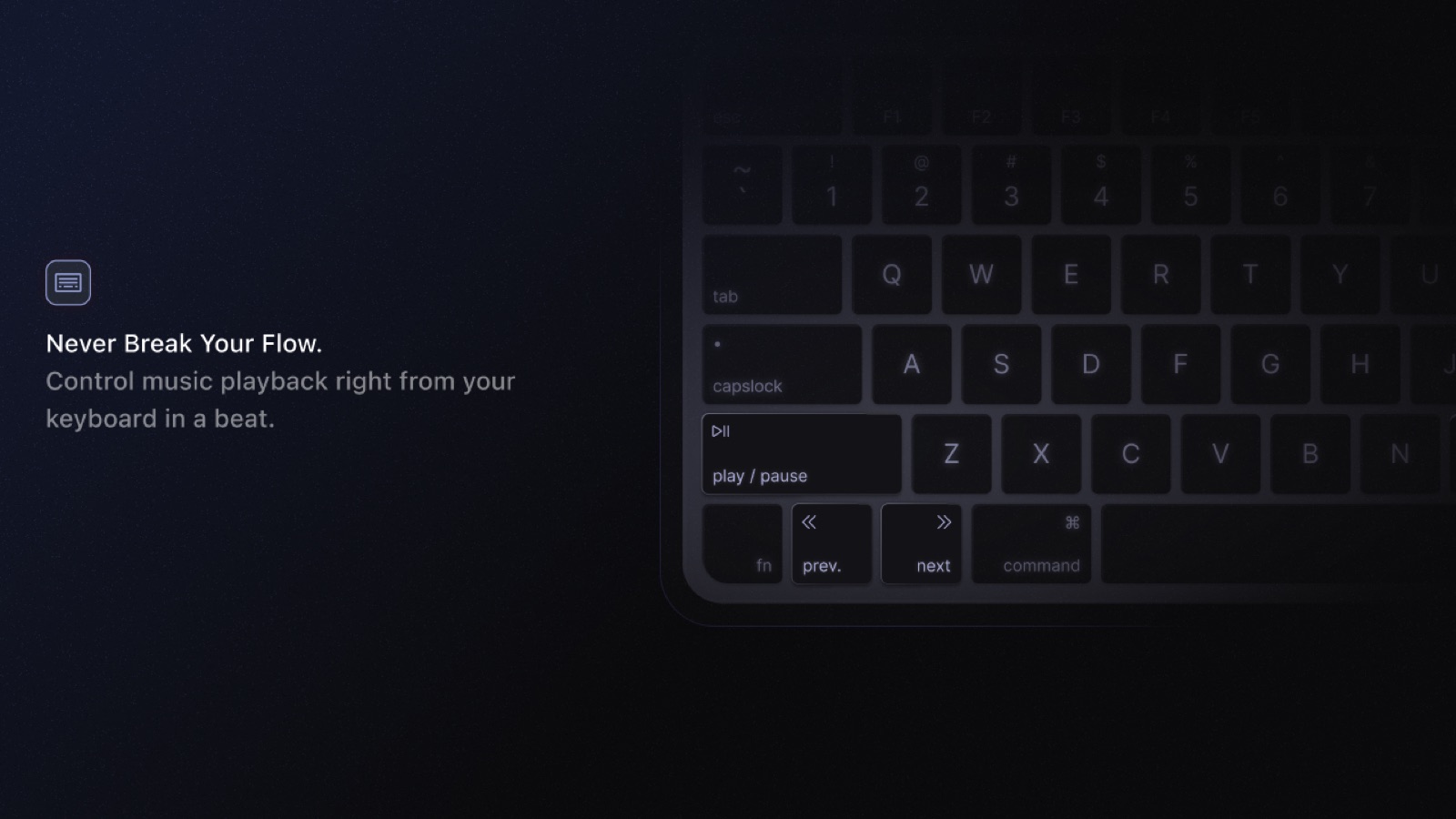 Keyboard with play/pause, previous and next shortcut keys highlighted